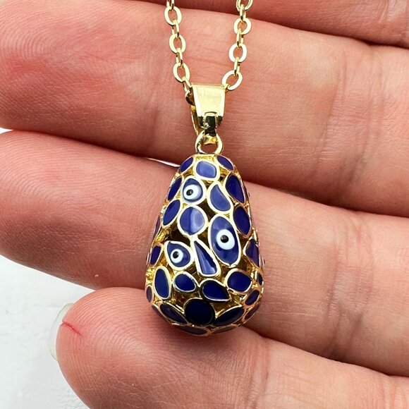 Evil Eye Pendant Necklace Gold Plated Blue White Enamel 18 - 20 Inch Chain - Picture 3 of 3